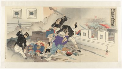 Skildring av den kinesisk-japanske krigen i Pyongyang Nisshin sensô Nissei Heijô shôho zu (tittel på objekt) av Ogata Gekko