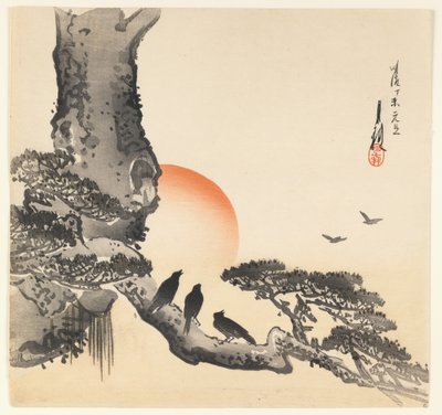 Kråker på en trestamme, Meiji-perioden, ca. 1890-1910 (treblokktrykk i farger) av Ogata Gekko