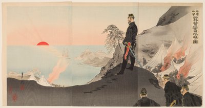 Offiserer og menn som beundrer den stigende solen mens de bivuakk i fjellene i Port Arthur av Ogata Gekko