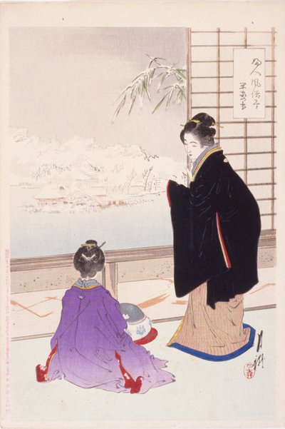 Snow And A Quiet House (Kanka No Yuki) (farget treblokktrykk) av Ogata Gekko