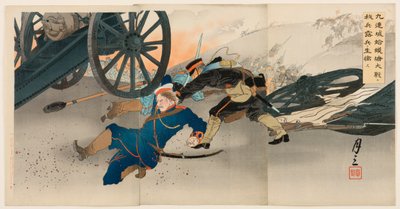 Under det store slaget ved Hamotang ved Jiuliancheng tar troppene våre en russisk fange av Ogata Gessan