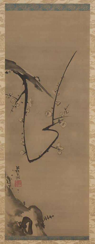Prunus, hengende rulle, ca. 1700 (blekk på silke) av Ogata Korin