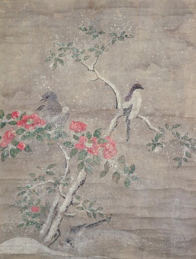 Fugler og kamelia i snø, ca. 1700 (blekk og farger på papir) av Ogawa Haritsu