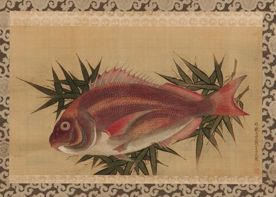 Red Sea Bream (Tai) på bambusblader, hengende rulle, 1700-tallet (farge på silke) av Ogawa Ritsuo Ogawa Ritsuo
