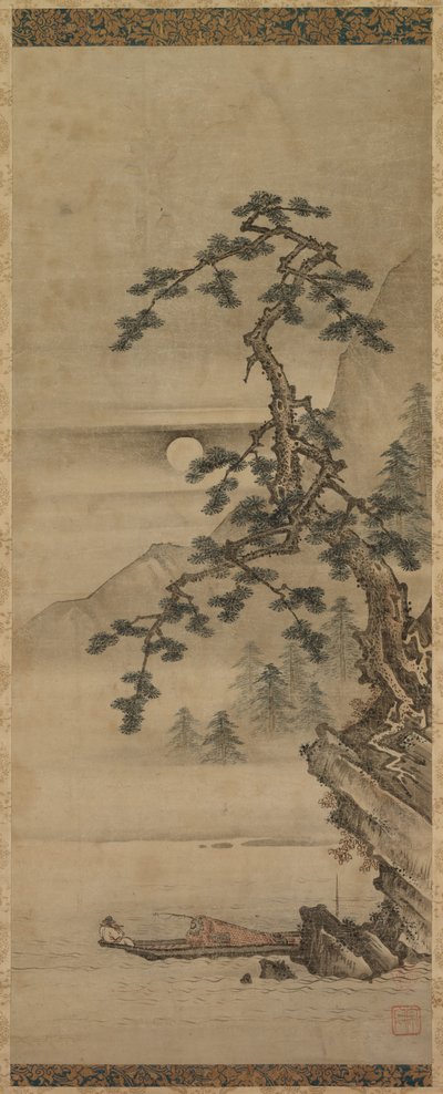 Månebelyst landskap av furutre med gammel mann i båt, Muromachi-perioden, 1392-1573. av Oguri Sotan