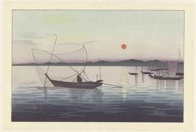 Båter og solnedgang. av Ohara Koson