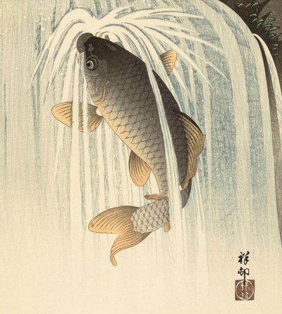 Karpe under en foss, av den japanske kunstneren Ohara Koson av Ohara Koson
