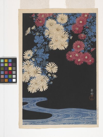 Chrysanthemums And Stream (farget treblokktrykk) av Ohara Koson