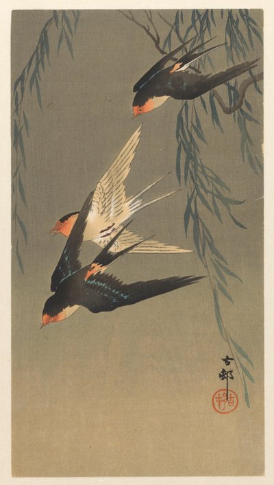 Tre rødgumpete svaler i et dykk av Ohara Koson