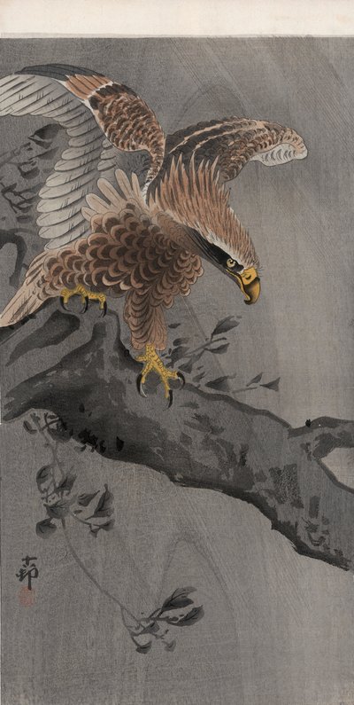 Ørn med spredte vinger på trestamme (farget treblokktrykk) av Ohara Koson