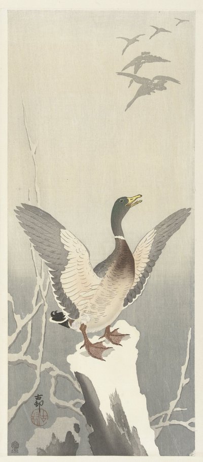 And på snødekt trestubbe av Ohara Koson