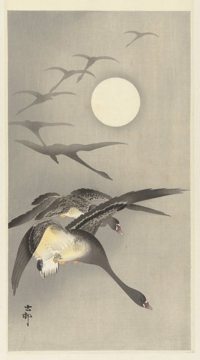 Gjess ved fullmåne av Ohara Koson