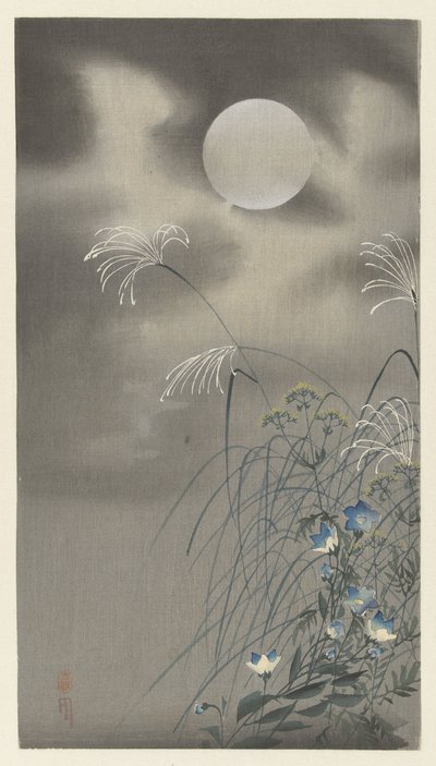 Gress og blomster ved fullmåne av Ohara Koson