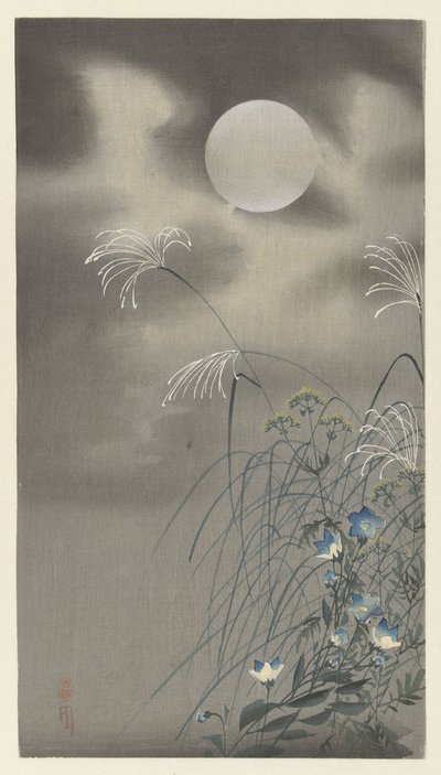 Gress og blomster ved fullmåne av Ohara Koson