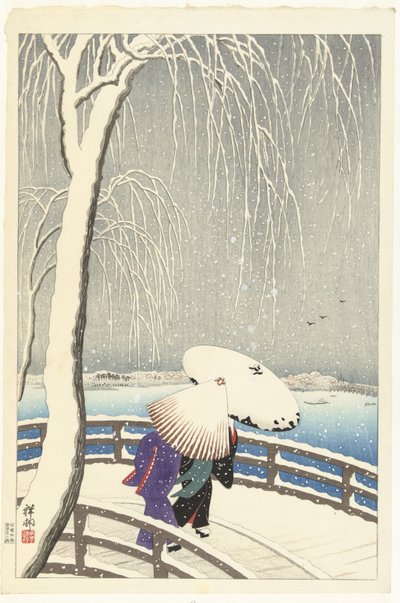 I snøen på Yanagibashi av Ohara Koson