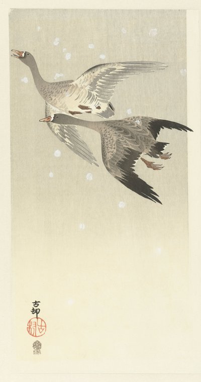 Blisgjess som flyr i snøen av Ohara Koson