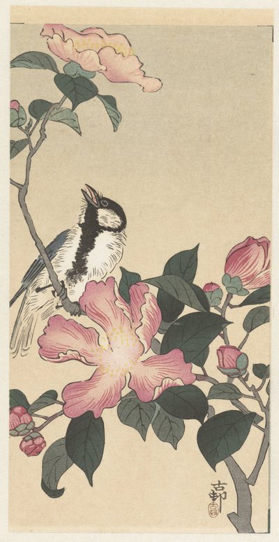 Pommemeis på gren med rosa blomster av Ohara Koson