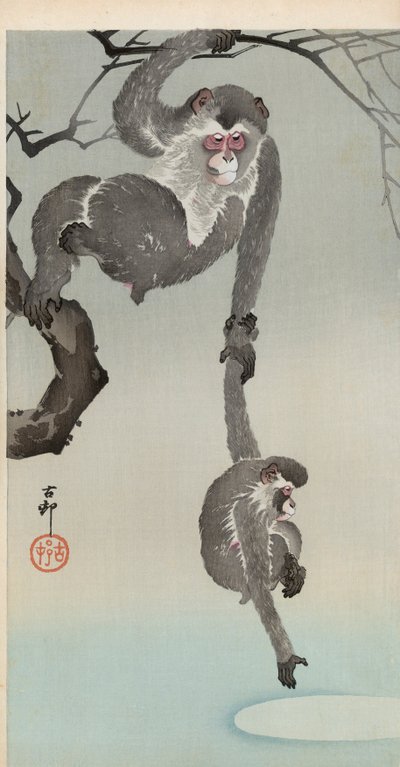 Ape og baby som strekker seg etter refleksjonen av månen av Ohara Koson
