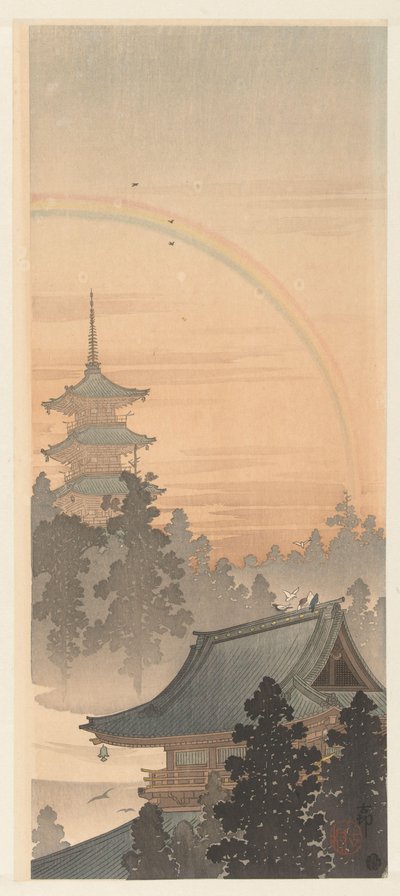 Pagode og regnbue av Ohara Koson