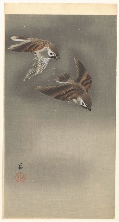Ringspurv i snø av Ohara Koson
