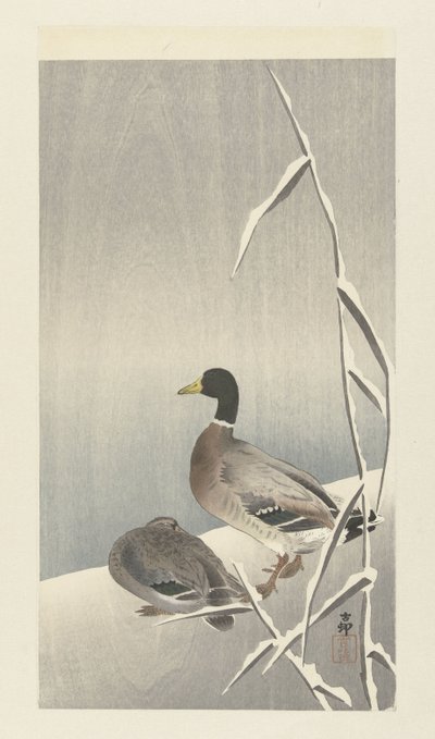 To ender på snødekt siv over av Ohara Koson
