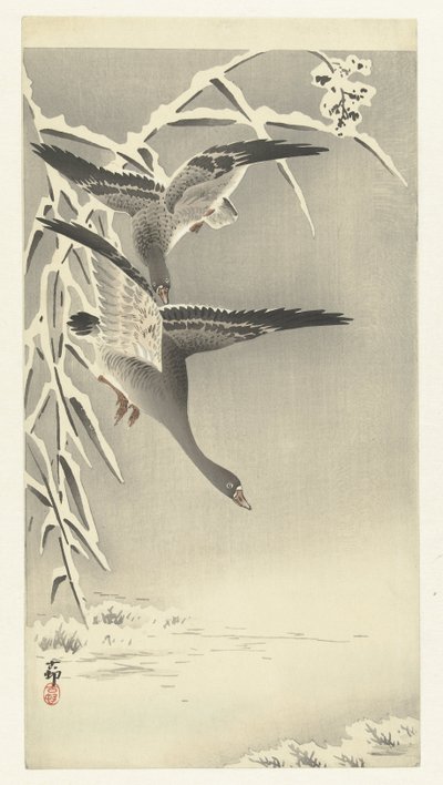 To blisgjess i snølandskap av Ohara Koson