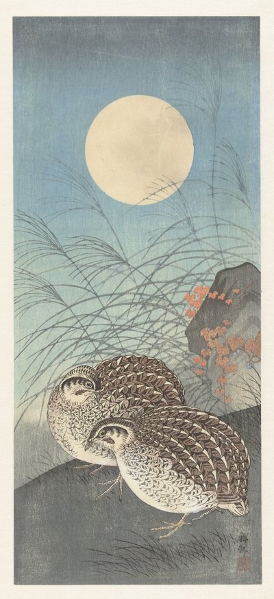 To vaktler ved fullmåne. av Ohara Koson