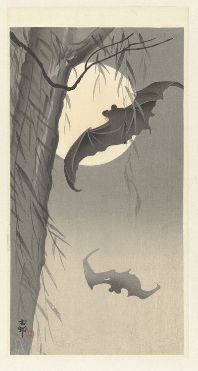 To flaggermus ved fullmåne av Ohara Koson