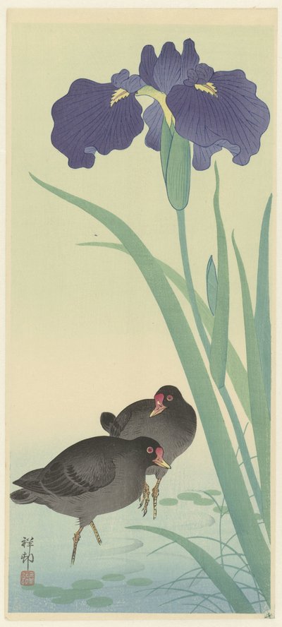 Morhøner og iris. av Ohara Koson