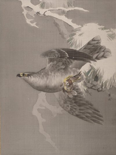 Hawk holder en liten fugl, ca. 1891-92. av Okada Baison