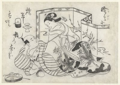 Japansk mann og kvinne som røyker foran en sammenleggbar skjerm av Okumura Masanobu (attributed to)