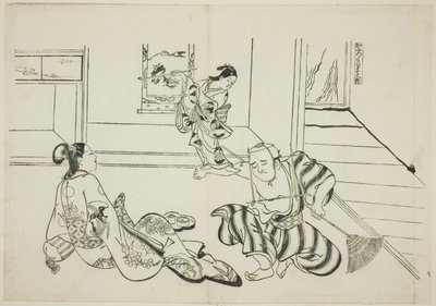 Barnevakt og skallet Tengu fra Kurama-fjellet (Kaburo Kurama Tengu), nr. 7 fra en serie på 12 trykk som viser parodier på skuespill av Okumura Masanobu