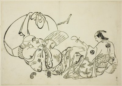 Hotei Reading a Book, no. 11 fra en serie på 12 trykk av Okumura Masanobu