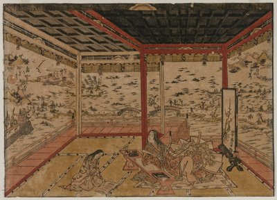 Lady Murasaki på Ishiyama med utsikt over et panorama med åtte utsikt over innsjøen Biwa av Okumura Masanobu