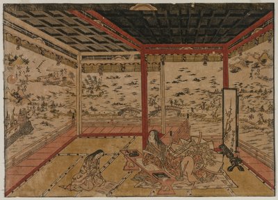 Lady Murasaki ved Ishiyama med utsikt over et panorama med syv utsikter over innsjøen Biwa, 1740-tallet. av Okumura Masanobu