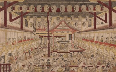 Perspektiv utsikt over det indre av Nakamura-teatret med Ichikawa Ebizo II som Yanone Goro, 1740 av Okumura Masanobu