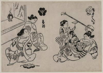 Tre kurtisaner med en klient. av Okumura Masanobu