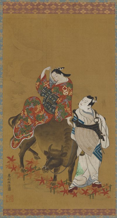 To kabuki-skuespillere i rollene som en kurtisane på en vannbøffel og en reisende prest, 1686-1764. av Okumura Masanobu