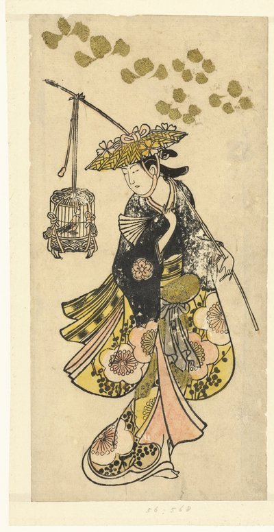 Ung kvinne med fuglebur av Okumura Toshinobu (attributed to)