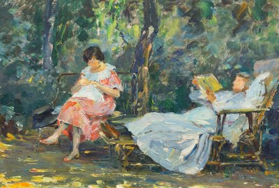 Lesing og strikking i hagen (olje på panel) av Olga (1881 1941) Slomszynska