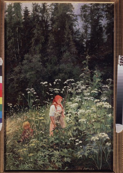 Jente foran en gresstuv (Girl at a Tuft of Grass). Maleri av Olga Antonovna Lagoda Shishkina (1850-1881), olje på lerret av Olga Antonova Lagoda-Shishkina