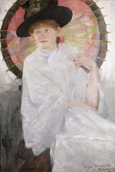 Portrett av en dame med en japansk parasoll olje på lerret av Olga Boznanska