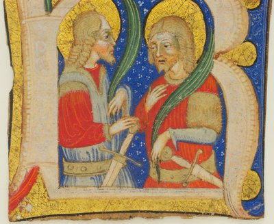 Manuskriptskjæring av blader som viser en opplyst initial R med St. Protasius og St. Gervasius, midten av 15. av Olivetan Master