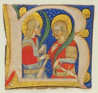 Manuskriptskjæring av blader som viser en opplyst initial R med St. Protasius..., midten av 1400-tallet. av Olivetan Master