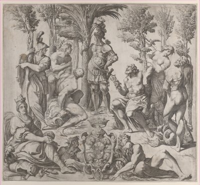 Allegorisk komposisjon med seks olympiske guder samlet rundt en skikkelse i rustning, 1615-35., 1615-35. av Oliviero Gatti