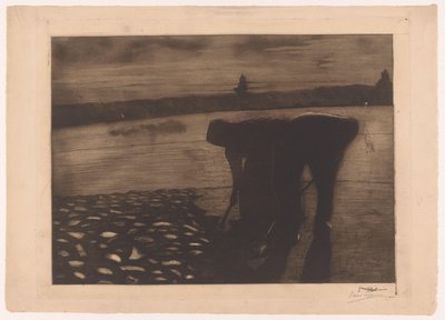 Mann og kvinne jobber på elvbunnen om kvelden av Omer Coppens (signed by artist)
