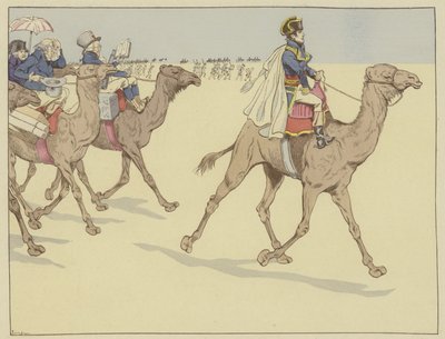Ankom til faraoenes land dro Napoleon overalt etterfulgt av en kommisjon av lærde og kunstnere som aldri hadde ridd på ryggen til en kamel, 1. juli 1798 av Onfray de Breville Job