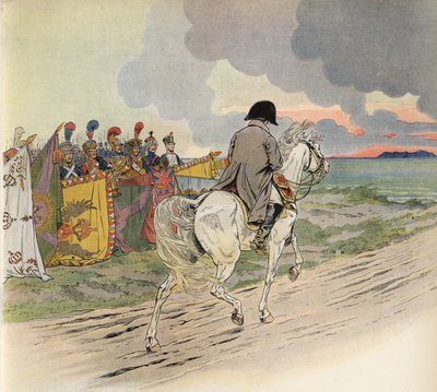 Imaginært bilde av Napoleon på hesteryggen, som mottar respekt fra Europas soldater av Onfray de Breville Job