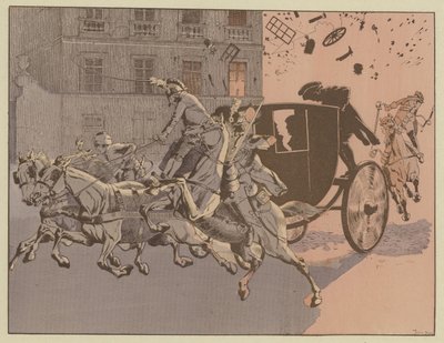Napoleon har en mirakuløs flukt fra eksplosjonen av en bombe, maskininfernalen, på Rue Saint-Nicaise, Paris, 24. desember 1800 av Onfray de Breville Job
