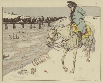 Napoleon ser på restene av hans Grand Armee som krysser elven Berezina på retrett fra Moskva, 1812 av Onfray de Breville Job